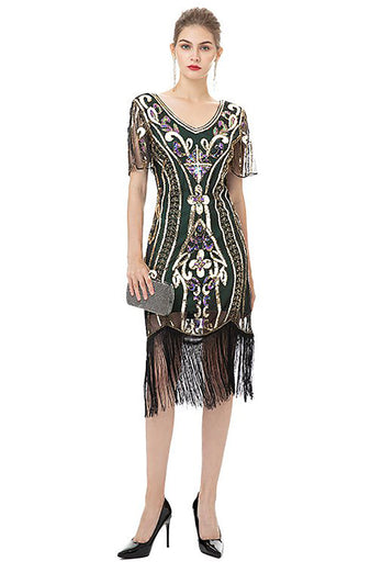 Glitzerndes Schwarzes 1920er Jahren Kleid mit Fransen und kurzen Ärmeln
