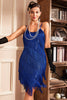 Laden Sie das Bild in den Galerie-Viewer, Königsblaues Spaghettiträger-Kleid mit Fransen Roaring 20s Great Gatsby Kleid