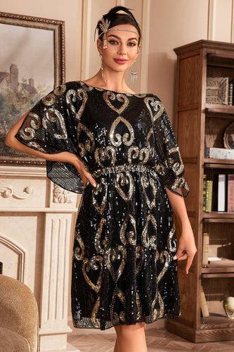Schwarzes 1920er Jahre Glitzer-Paillettenkleid mit Fledermausärmeln