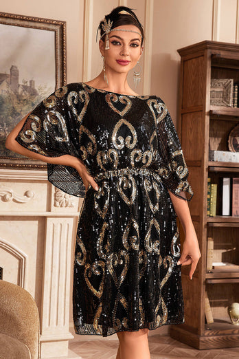 Schwarzes 1920er Jahre Glitzer-Paillettenkleid mit Fledermausärmeln