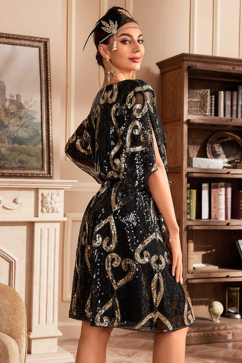 Laden Sie das Bild in den Galerie-Viewer, Schwarzes 1920er Jahre Glitzer-Paillettenkleid mit Fledermausärmeln