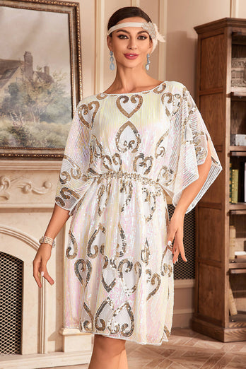 Schwarzes 1920er Jahre Glitzer-Paillettenkleid mit Fledermausärmeln