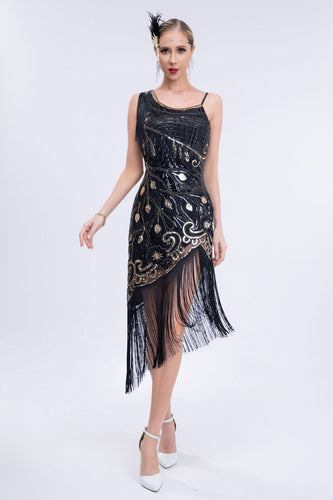 Asymmetrisches Schwarzes 1920er Jahre Glitzerkleid mit Fransen