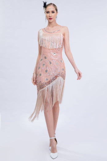 Glitzerndes Erröten Asymmetrisches 1920er Jahre Paillettenkleid mit Fransen und Accessoires