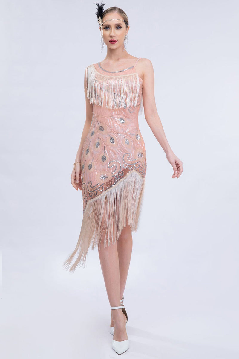 Laden Sie das Bild in den Galerie-Viewer, Glitzerndes Erröten Asymmetrisches 1920er Jahre Paillettenkleid mit Fransen und Accessoires