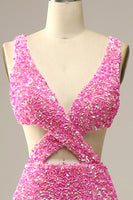 Laden Sie das Bild in den Galerie-Viewer, Fuchsia Pailletten V-Ausschnitt ausgeschnitten Ballkleid