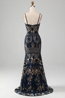 Glitzerndes Marineblaues Spaghettiträger Meerjungfrauen Abschlussballkleid