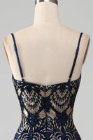 Laden Sie das Bild in den Galerie-Viewer, Glitzerndes Marineblaues Spaghettiträger Meerjungfrauen Abschlussballkleid