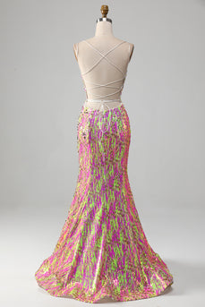 Rosa Glitzerndes Meerjungfrauen Ballkleid mit Schlitz
