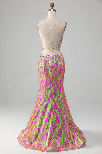 Rosa Glitzerndes Meerjungfrauen Ballkleid mit Schlitz