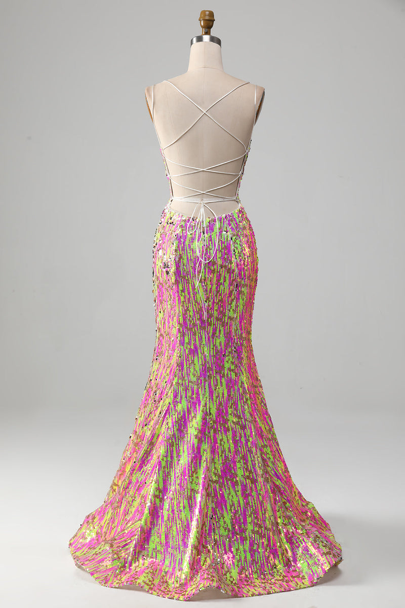 Laden Sie das Bild in den Galerie-Viewer, Rosa Glitzerndes Meerjungfrauen Ballkleid mit Schlitz