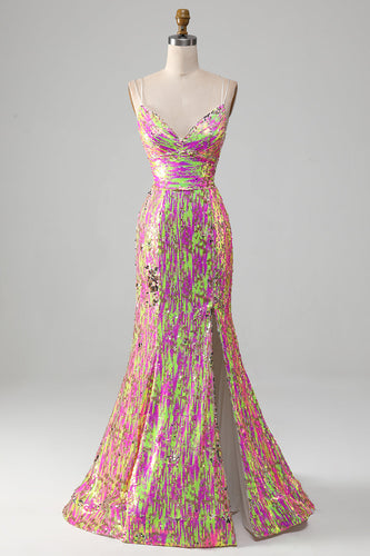 Rosa Glitzerndes Meerjungfrauen Ballkleid mit Schlitz