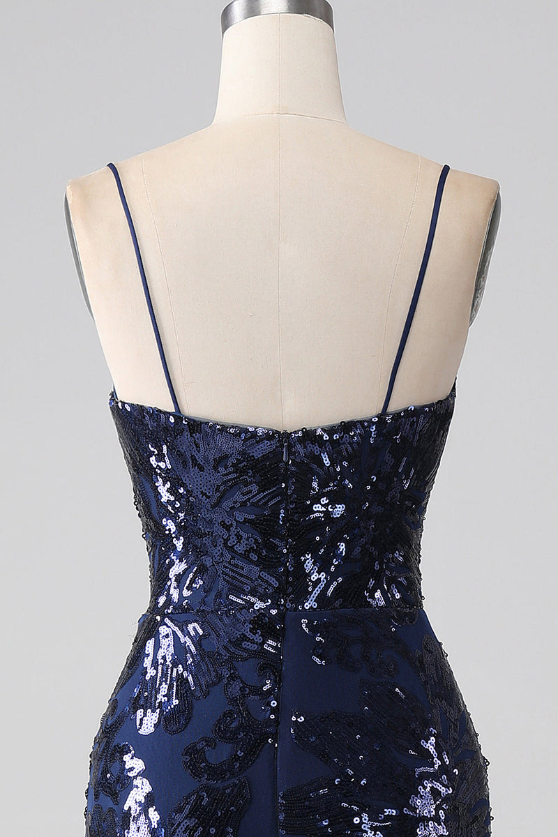 Laden Sie das Bild in den Galerie-Viewer, Schimmerndes Pailletten Meerjungfrauen Spaghettiträger Ballkleid mit Schlitz