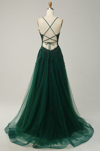 Spaghettiträger A Linie Graublau Langes Ballkleid mit Spitze