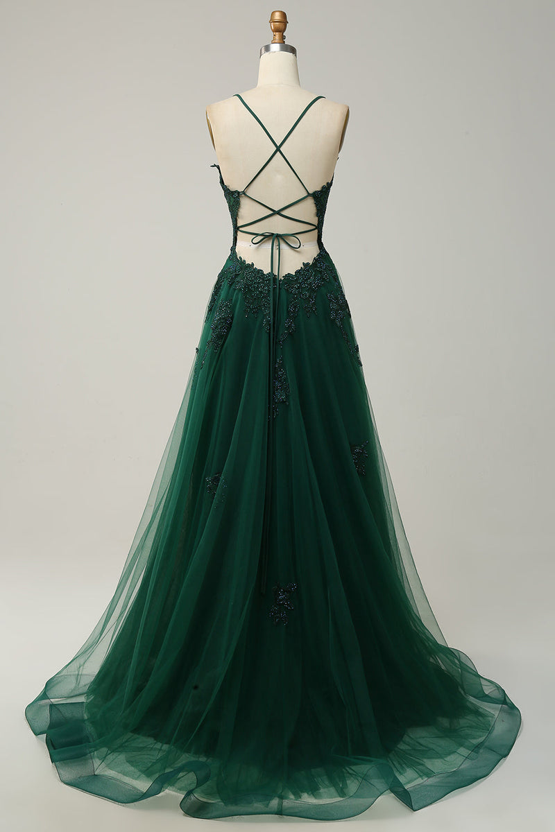 Laden Sie das Bild in den Galerie-Viewer, Spaghettiträger A Linie Graublau Langes Ballkleid mit Spitze
