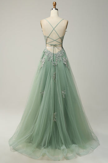 Spaghettiträger A Linie Graublau Langes Ballkleid mit Spitze