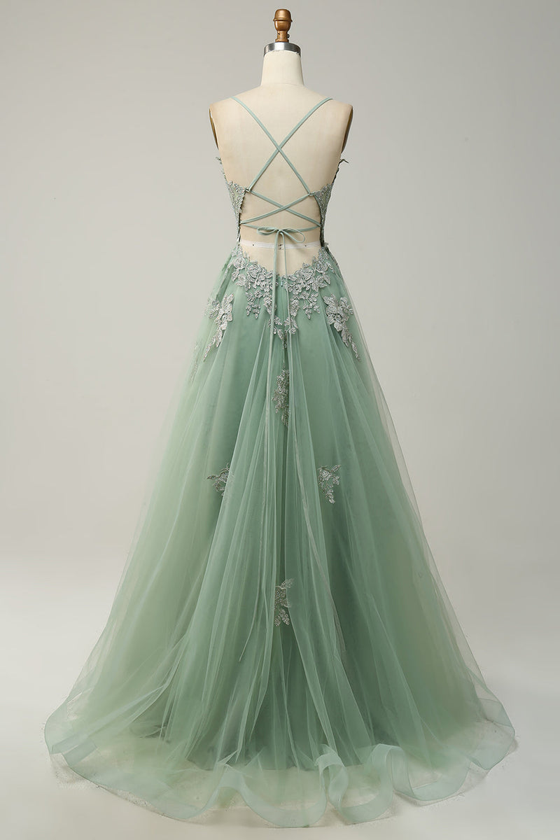 Laden Sie das Bild in den Galerie-Viewer, Spaghettiträger A Linie Graublau Langes Ballkleid mit Spitze