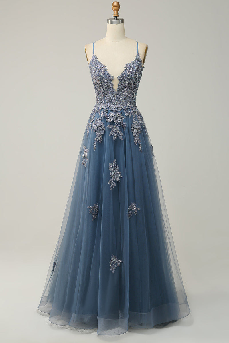 Laden Sie das Bild in den Galerie-Viewer, Spaghettiträger A Linie Graublau Langes Ballkleid mit Spitze