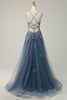 Laden Sie das Bild in den Galerie-Viewer, Spaghettiträger A Linie Graublau Langes Ballkleid mit Spitze