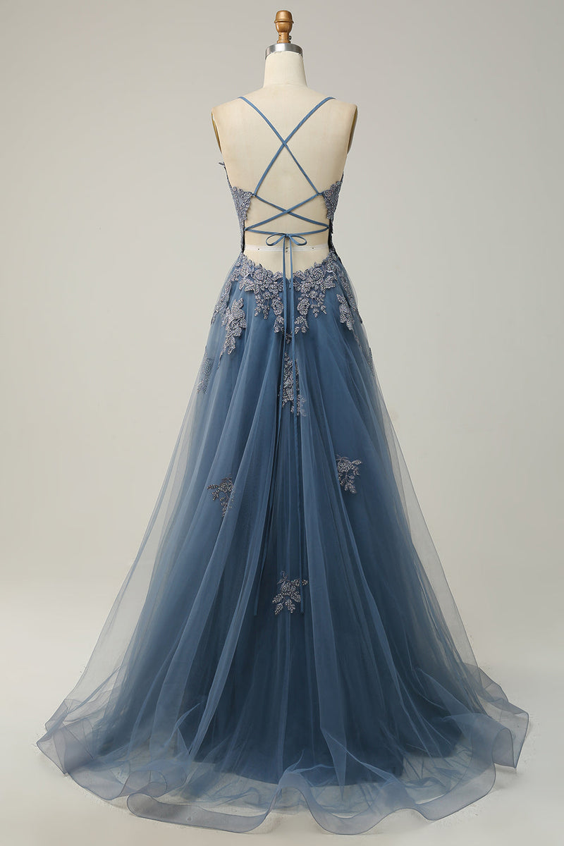Laden Sie das Bild in den Galerie-Viewer, Spaghettiträger A Linie Graublau Langes Ballkleid mit Spitze