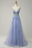 Laden Sie das Bild in den Galerie-Viewer, Spaghettiträger A Linie Graublau Langes Ballkleid mit Spitze