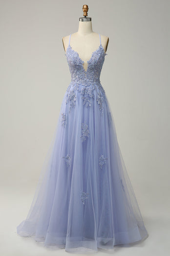 Spaghettiträger A Linie Graublau Langes Ballkleid mit Spitze