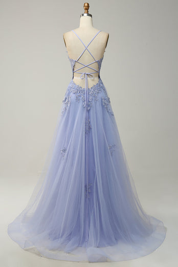 Spaghettiträger A Linie Graublau Langes Ballkleid mit Spitze