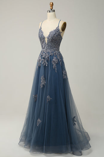 Spaghettiträger A Linie Graublau Langes Ballkleid mit Spitze