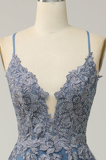 Spaghettiträger A Linie Graublau Langes Ballkleid mit Spitze