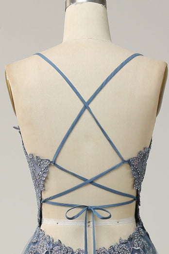 Spaghettiträger A Linie Graublau Langes Ballkleid mit Spitze