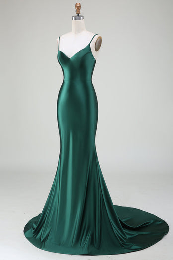Dunkelgrünes Meerjungfrauen Spaghettiträger Abendkleid Sweep Train