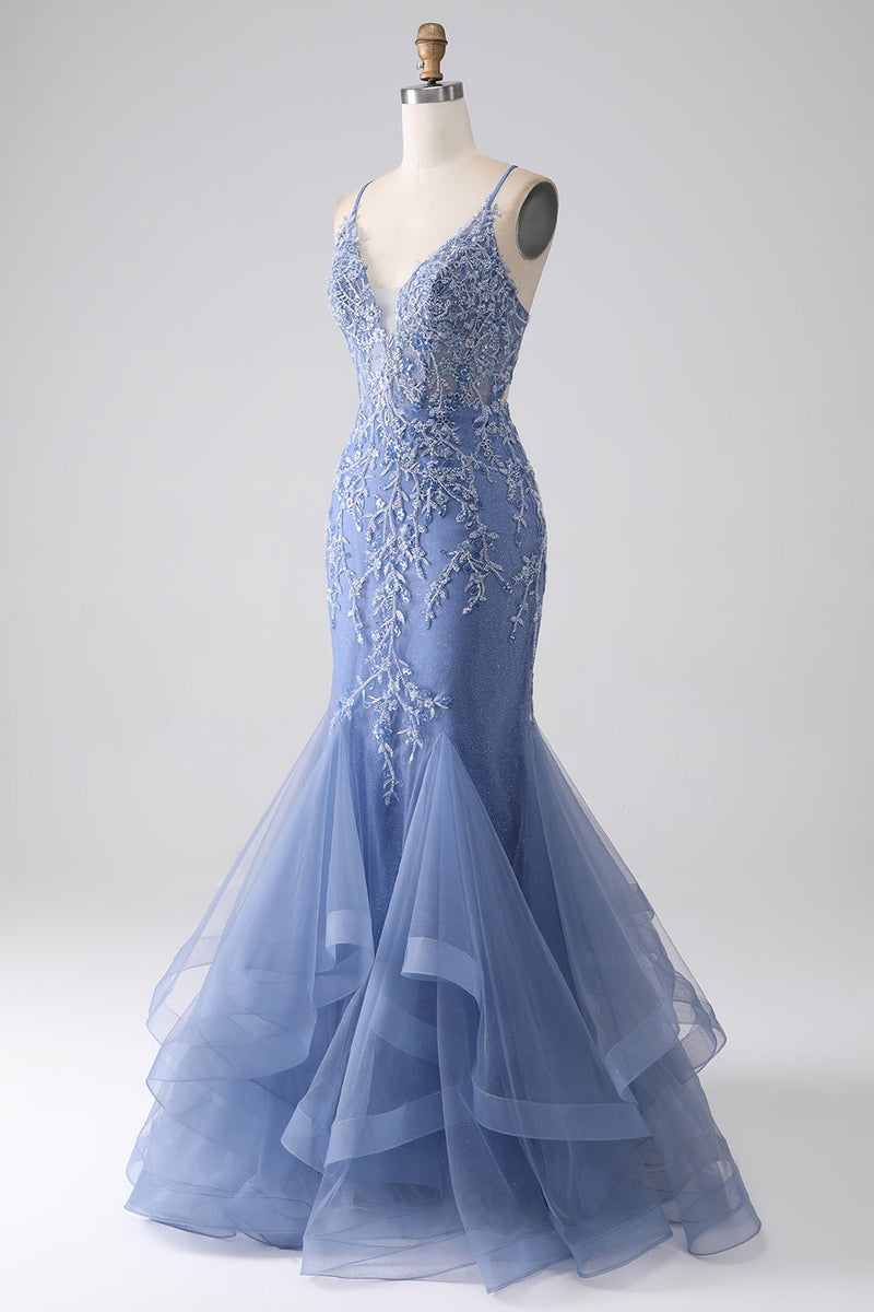 Laden Sie das Bild in den Galerie-Viewer, Graublaues Meerjungfrauen Spaghettiträger Ballkleid mit perlenbesetztem Rücken und Applikationen