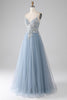 Laden Sie das Bild in den Galerie-Viewer, Graues Blaues Meerjungfrauen Spaghettiträger Glitzerndes Pailletten Langes Ballkleid