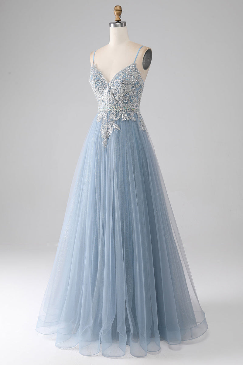 Laden Sie das Bild in den Galerie-Viewer, Graues Blaues Meerjungfrauen Spaghettiträger Glitzerndes Pailletten Langes Ballkleid