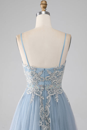Graues Blaues Meerjungfrauen Spaghettiträger Glitzerndes Pailletten Langes Ballkleid