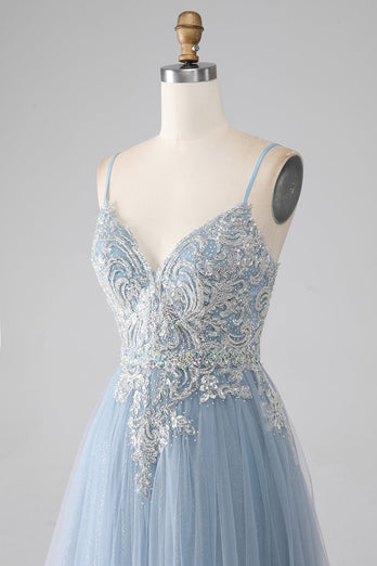 Graues Blaues Meerjungfrauen Spaghettiträger Glitzerndes Pailletten Langes Ballkleid