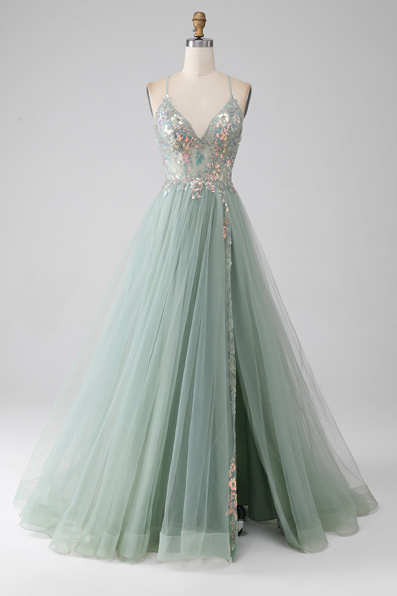 Laden Sie das Bild in den Galerie-Viewer, Hellgrünes Ballkleid in A-Linie mit Perlen und Schlitz