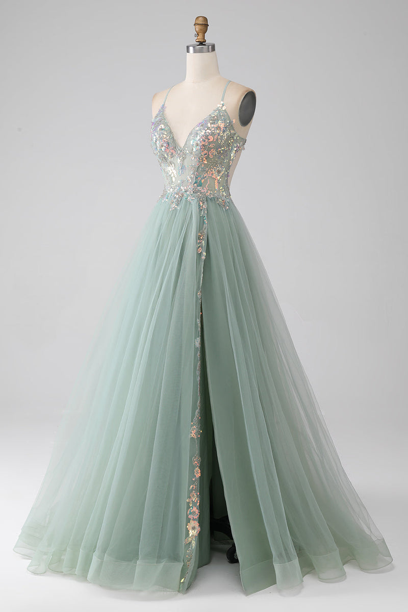 Laden Sie das Bild in den Galerie-Viewer, Hellgrünes Ballkleid in A-Linie mit Perlen und Schlitz