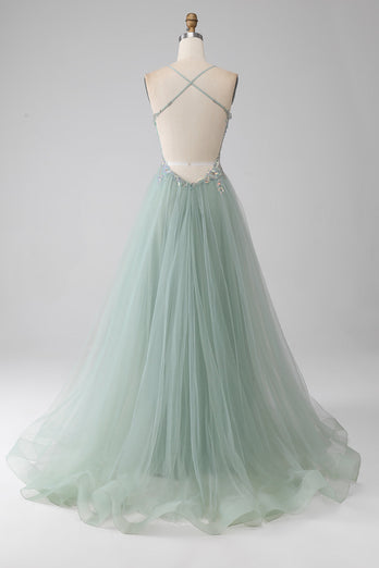 Hellgrünes Ballkleid in A-Linie mit Perlen und Schlitz