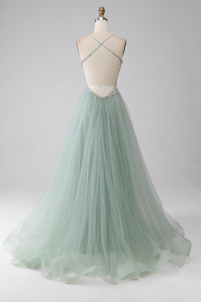 Laden Sie das Bild in den Galerie-Viewer, Hellgrünes Ballkleid in A-Linie mit Perlen und Schlitz