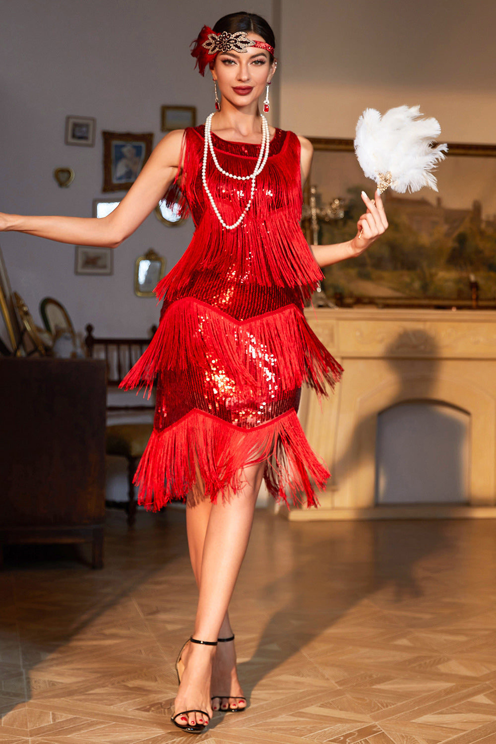 Rotes Fransen Roaring 20s Paillettenkleid