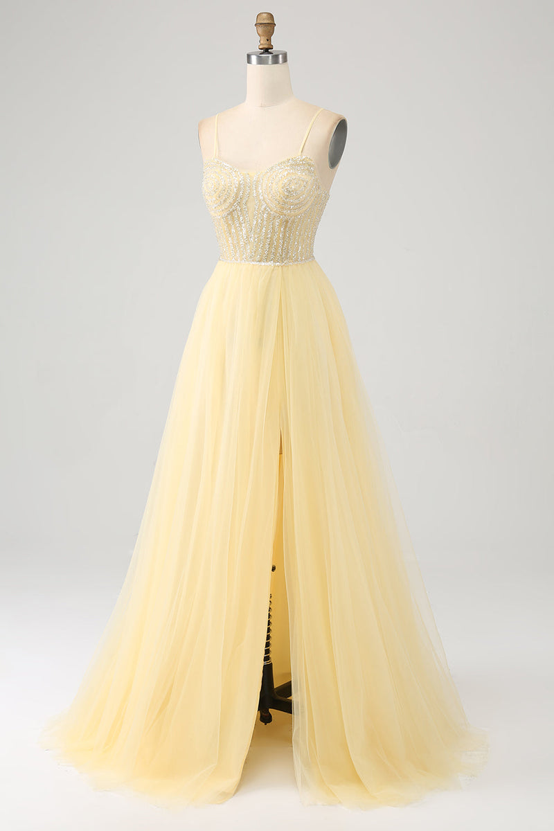 Laden Sie das Bild in den Galerie-Viewer, Hellgelbes Tüll Ballkleid mit Perlen und Schlitz