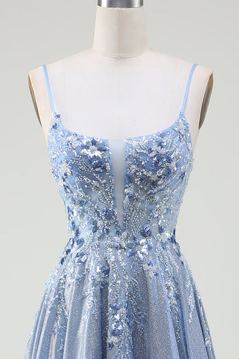 Glitzer A-Linie Spaghettiträger Grau Blau Ballkleid