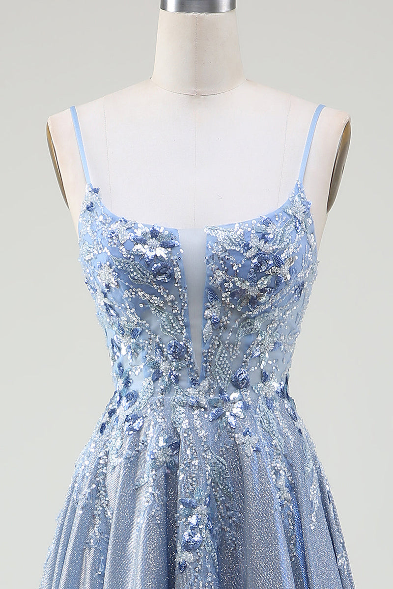 Laden Sie das Bild in den Galerie-Viewer, Glitzer A-Linie Spaghettiträger Grau Blau Ballkleid