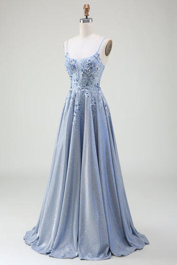Glitzer A-Linie Spaghettiträger Grau Blau Ballkleid