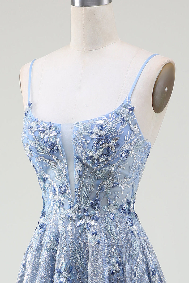 Laden Sie das Bild in den Galerie-Viewer, Glitzer A-Linie Spaghettiträger Grau Blau Ballkleid