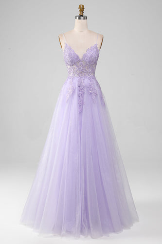 Homrain Frauen funkelndes hellviolettes Ballkleid A-Linie Spaghettiträger Langes Partykleid mit Perlen