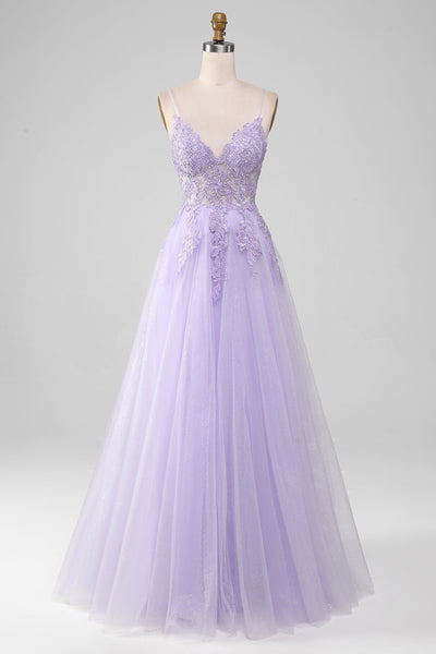 Homrain Frauen funkelndes hellviolettes Ballkleid A-Linie Spaghettiträger Langes Partykleid mit Perlen