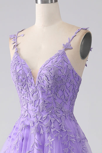Fliederfarbenes A-Linien Spaghettiträger Langes Ballkleid mit Applikationen