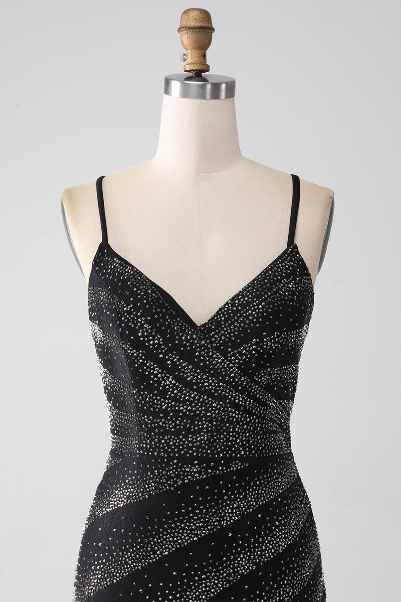 Laden Sie das Bild in den Galerie-Viewer, Schwarzes Meerjungfrauen Ballkleid mit Perlen und Schlitz